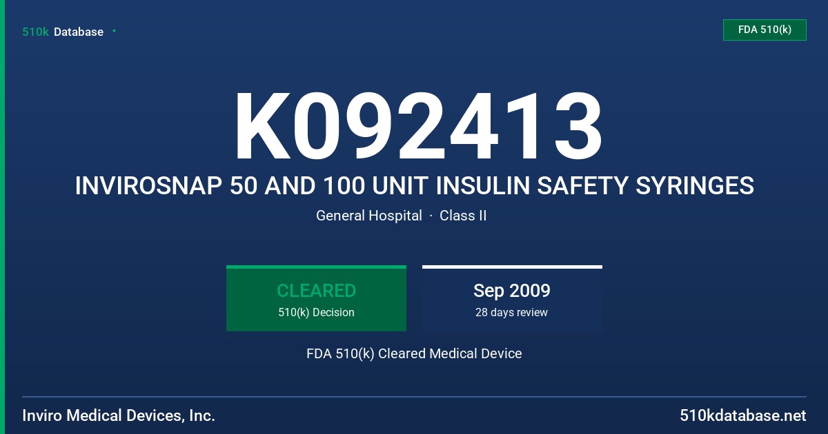K092413 INVIROSNAP 50 AND 100 UNIT INSULIN SAFETY SYRINGES FDA 510(k) Cleared Medical Device
