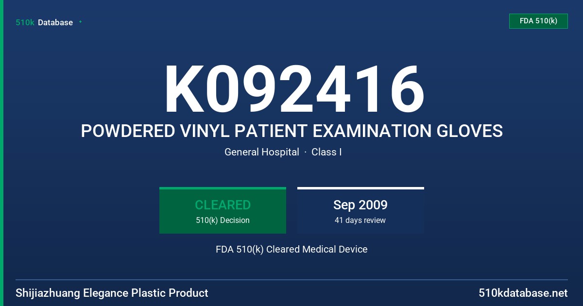 K092416 POWDERED VINYL PATIENT EXAMINATION GLOVES FDA 510(k) Cleared Medical Device
