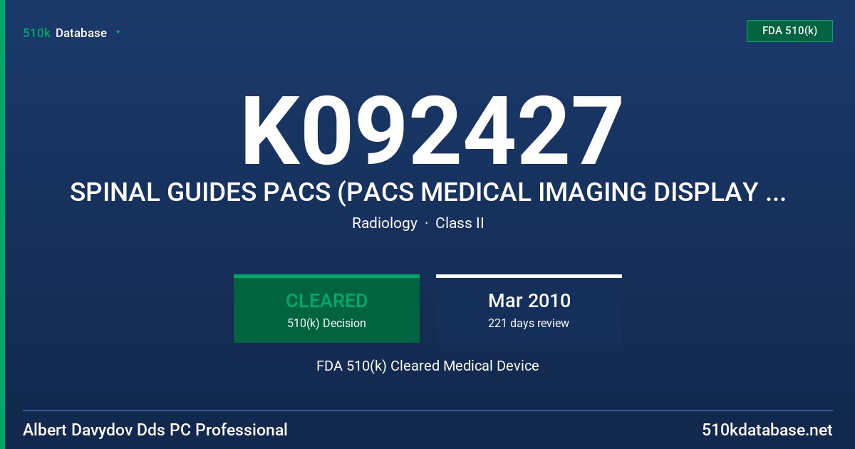 K092427 SPINAL GUIDES PACS (PACS MEDICAL IMAGING DISPLAY WORKSTATION) FDA 510(k) Cleared Medical Device