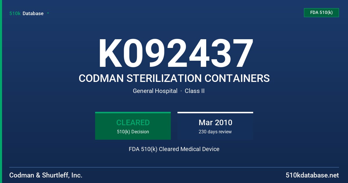 K092437 CODMAN STERILIZATION CONTAINERS FDA 510(k) Cleared Medical Device