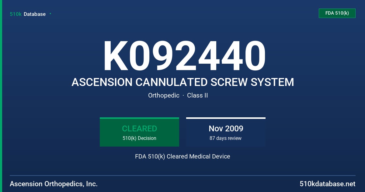 K092440 ASCENSION CANNULATED SCREW SYSTEM FDA 510(k) Cleared Medical Device