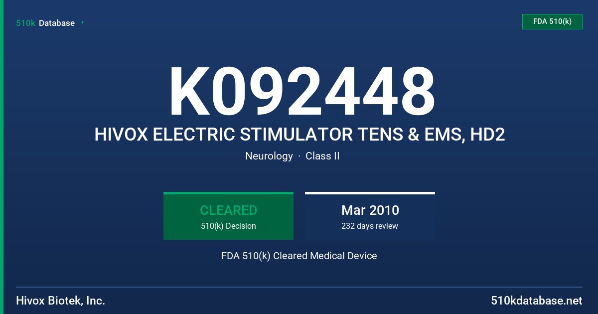 K092448 HIVOX ELECTRIC STIMULATOR TENS & EMS, HD2 FDA 510(k) Cleared Medical Device