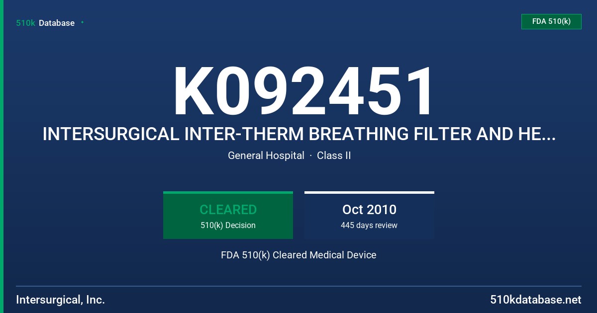 K092451 INTERSURGICAL INTER-THERM BREATHING FILTER AND HEAT AND MOISTURE EXCHANGER, INTERSURGICAL INTER-GUARD BREATHING FILTER FDA 510(k) Cleared Medical Device