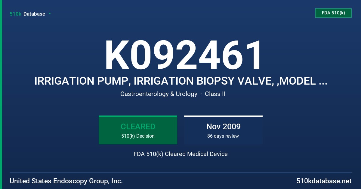 K092461 IRRIGATION PUMP, IRRIGATION BIOPSY VALVE, ,MODEL 00711520, 00711139, 00711140 FDA 510(k) Cleared Medical Device