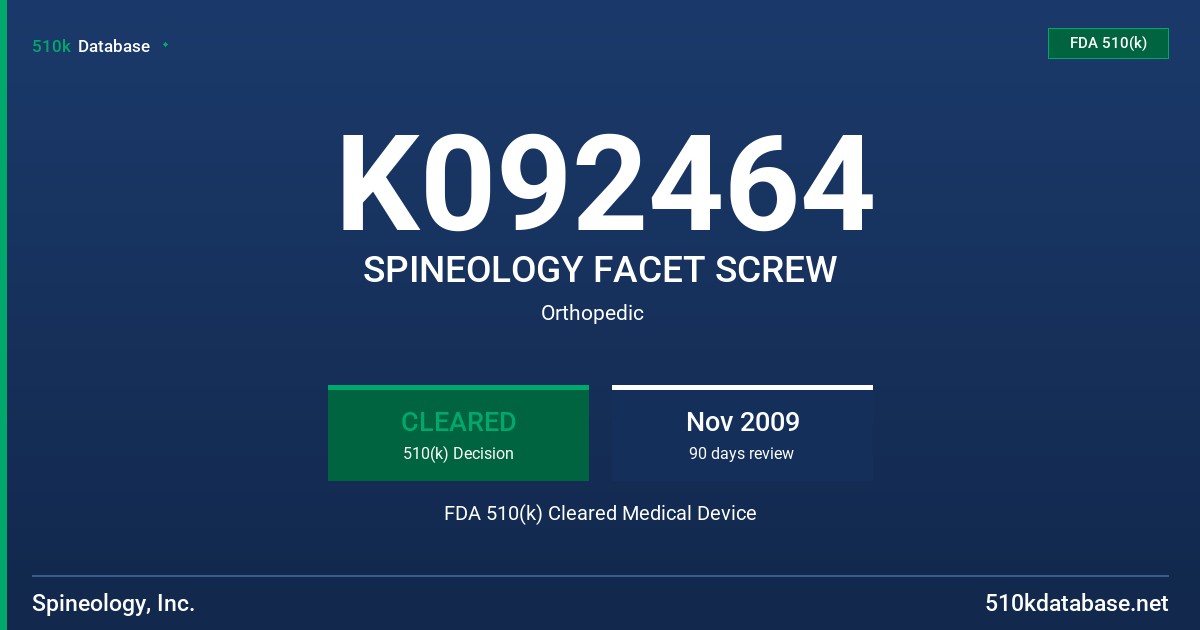 K092464 SPINEOLOGY FACET SCREW FDA 510(k) Cleared Medical Device