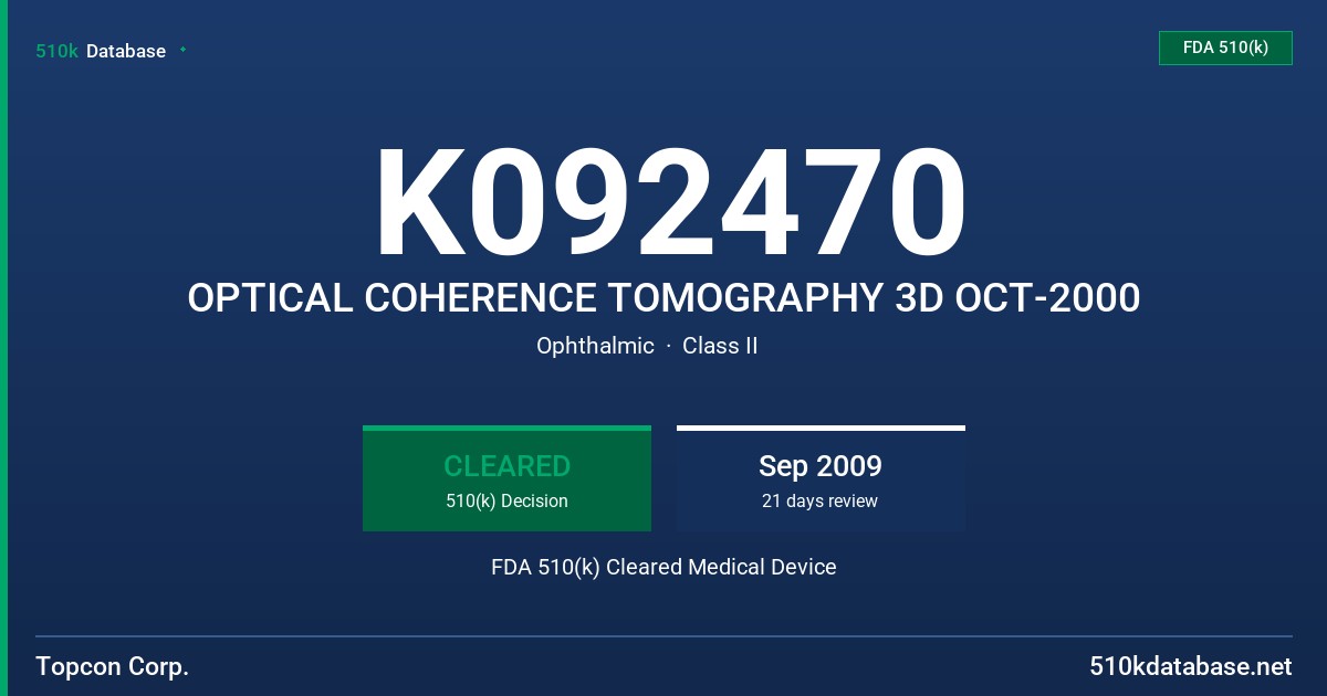 K092470 OPTICAL COHERENCE TOMOGRAPHY 3D OCT-2000 FDA 510(k) Cleared Medical Device