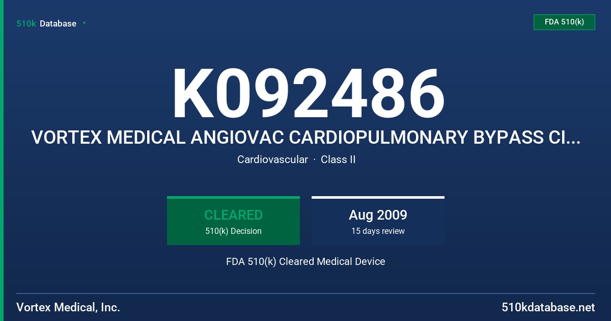 K092486 VORTEX MEDICAL ANGIOVAC CARDIOPULMONARY BYPASS CIRCUIT FDA 510(k) Cleared Medical Device