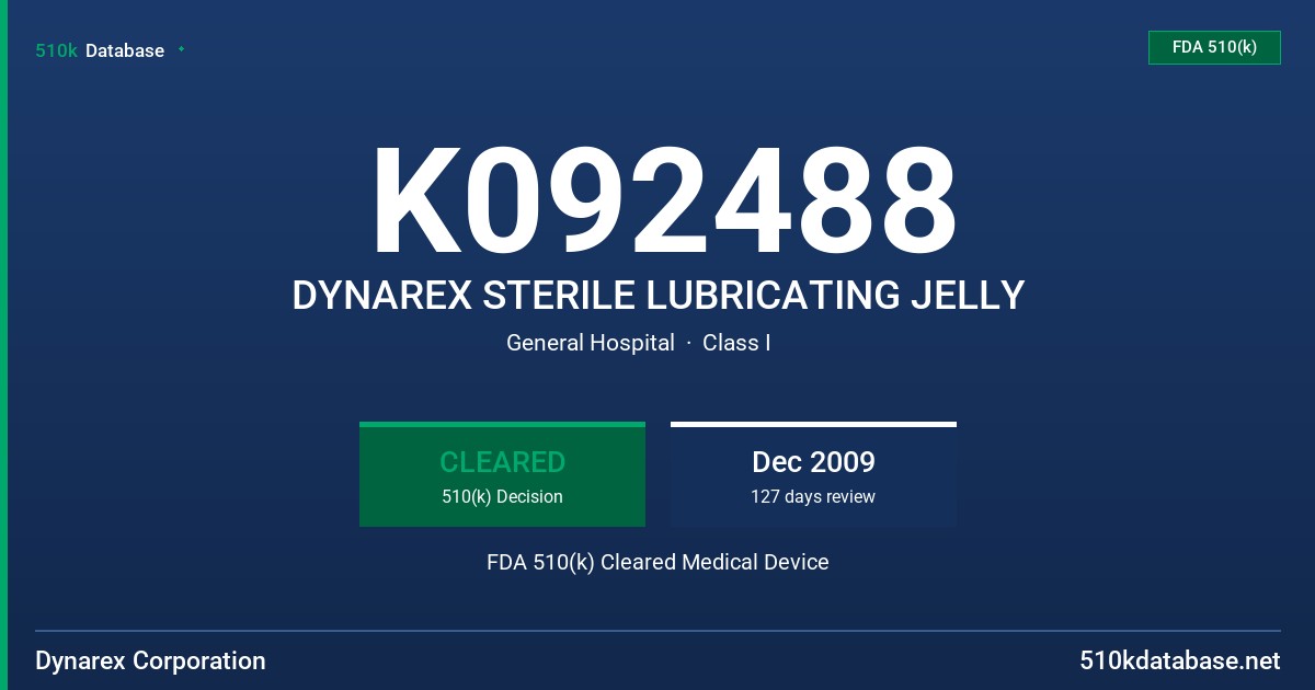 K092488 DYNAREX STERILE LUBRICATING JELLY FDA 510(k) Cleared Medical Device