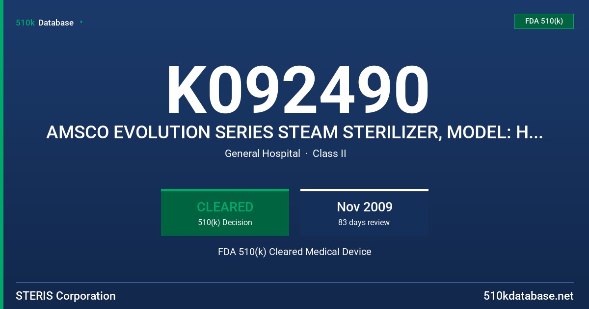 K092490 AMSCO EVOLUTION SERIES STEAM STERILIZER, MODEL: HC-2000 AND HC-3000 FDA 510(k) Cleared Medical Device