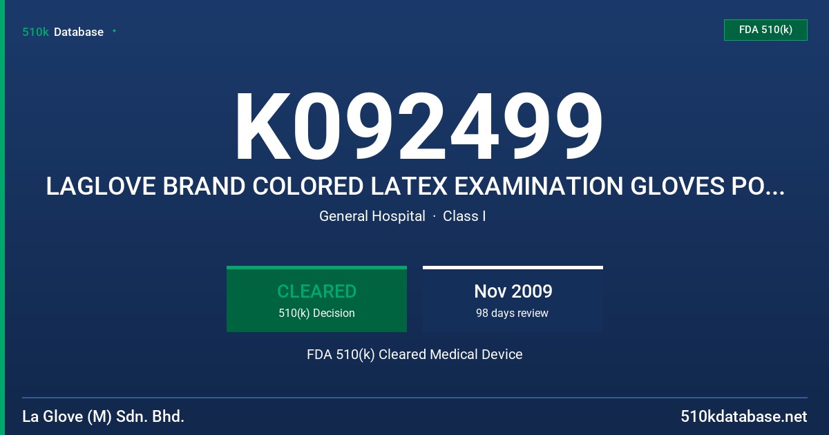 K092499 LAGLOVE BRAND COLORED LATEX EXAMINATION GLOVES POWDERED, NON-STERILE (PINK/GREEN/VIOLET) FDA 510(k) Cleared Medical Device