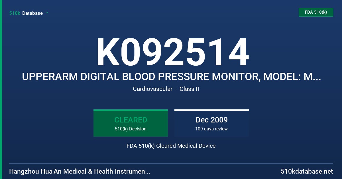 K092514 UPPERARM DIGITAL BLOOD PRESSURE MONITOR, MODEL: MB-300 SERIES FDA 510(k) Cleared Medical Device