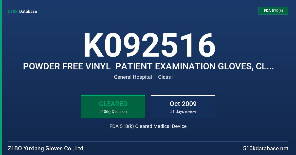 K092516 POWDER FREE VINYL  PATIENT EXAMINATION GLOVES, CLEAR (NON-COLORED) FDA 510(k) Cleared Medical Device