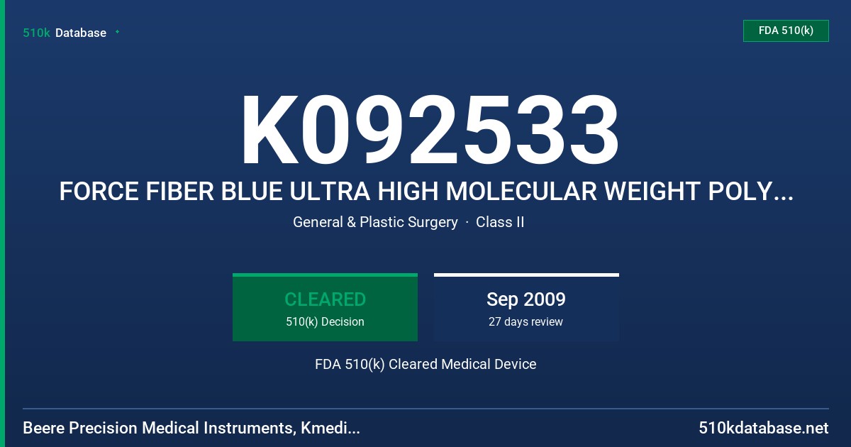 K092533 FORCE FIBER BLUE ULTRA HIGH MOLECULAR WEIGHT POLYETHYLENE NON ABSORBABLE SUTURES FDA 510(k) Cleared Medical Device