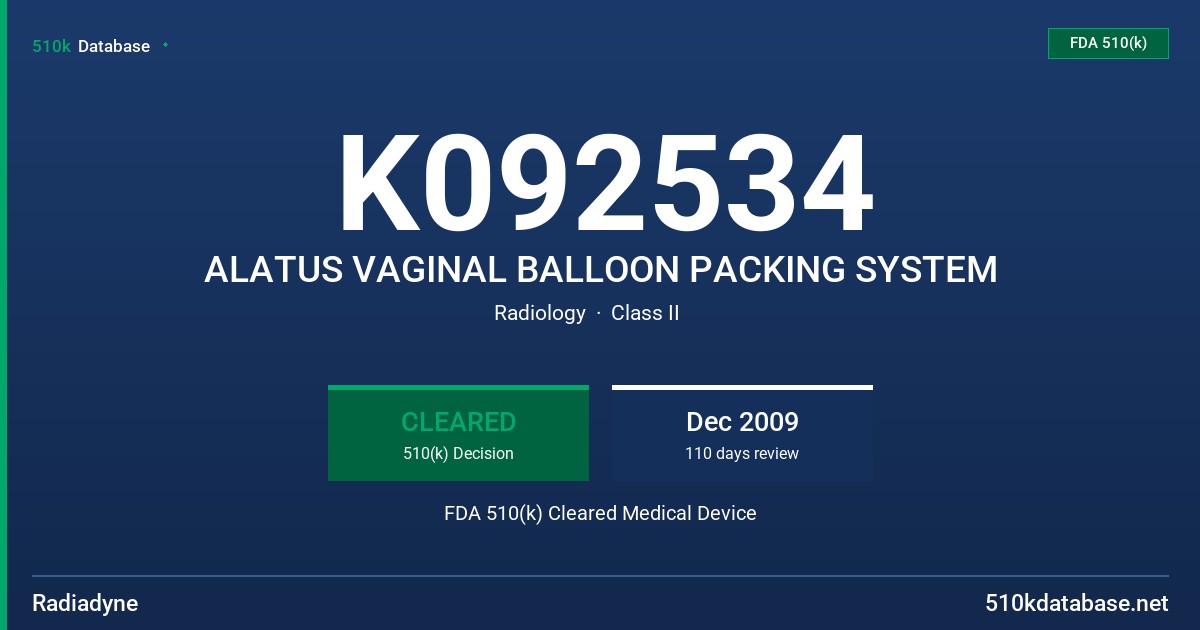 K092534 ALATUS VAGINAL BALLOON PACKING SYSTEM FDA 510(k) Cleared Medical Device