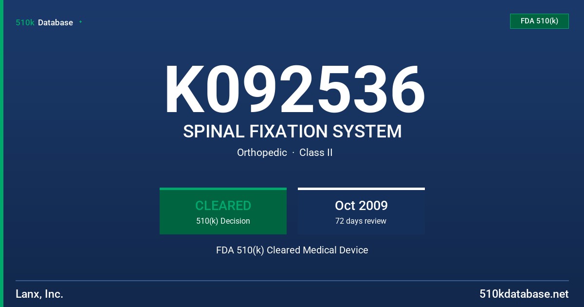 K092536 SPINAL FIXATION SYSTEM FDA 510(k) Cleared Medical Device