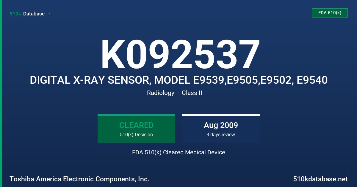 K092537 DIGITAL X-RAY SENSOR, MODEL E9539,E9505,E9502, E9540 FDA 510(k) Cleared Medical Device