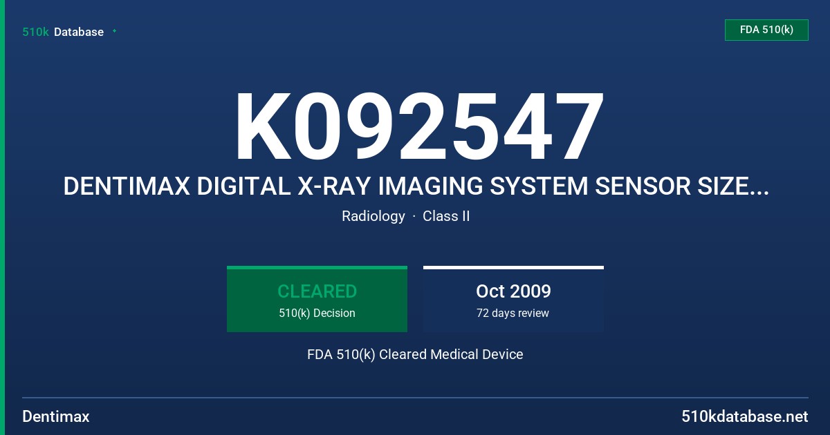 K092547 DENTIMAX DIGITAL X-RAY IMAGING SYSTEM SENSOR SIZE 1, 2, DENTIMAX USB CONTROL BOX FDA 510(k) Cleared Medical Device