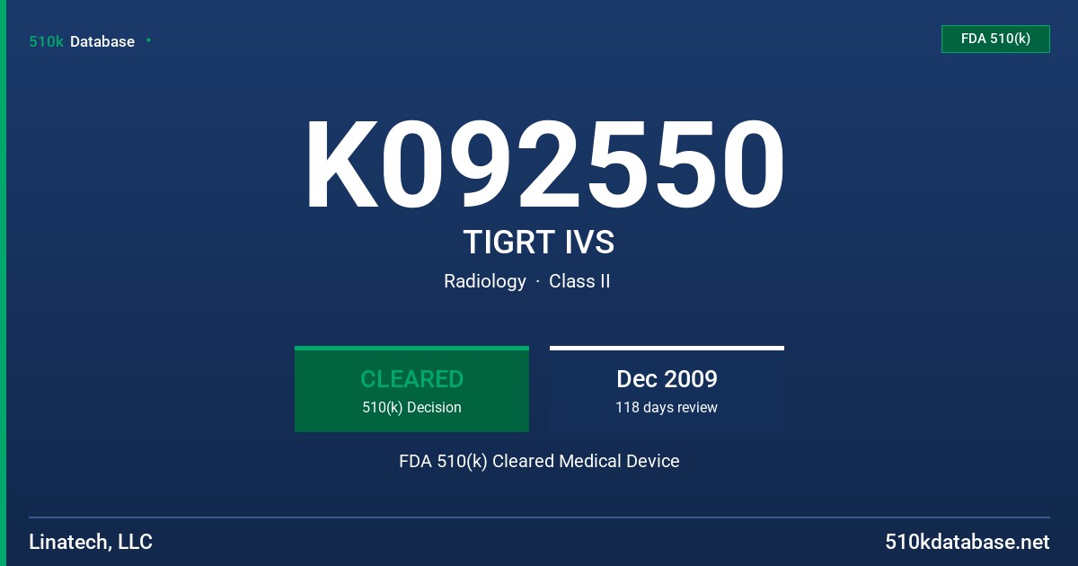 K092550 TIGRT IVS FDA 510(k) Cleared Medical Device