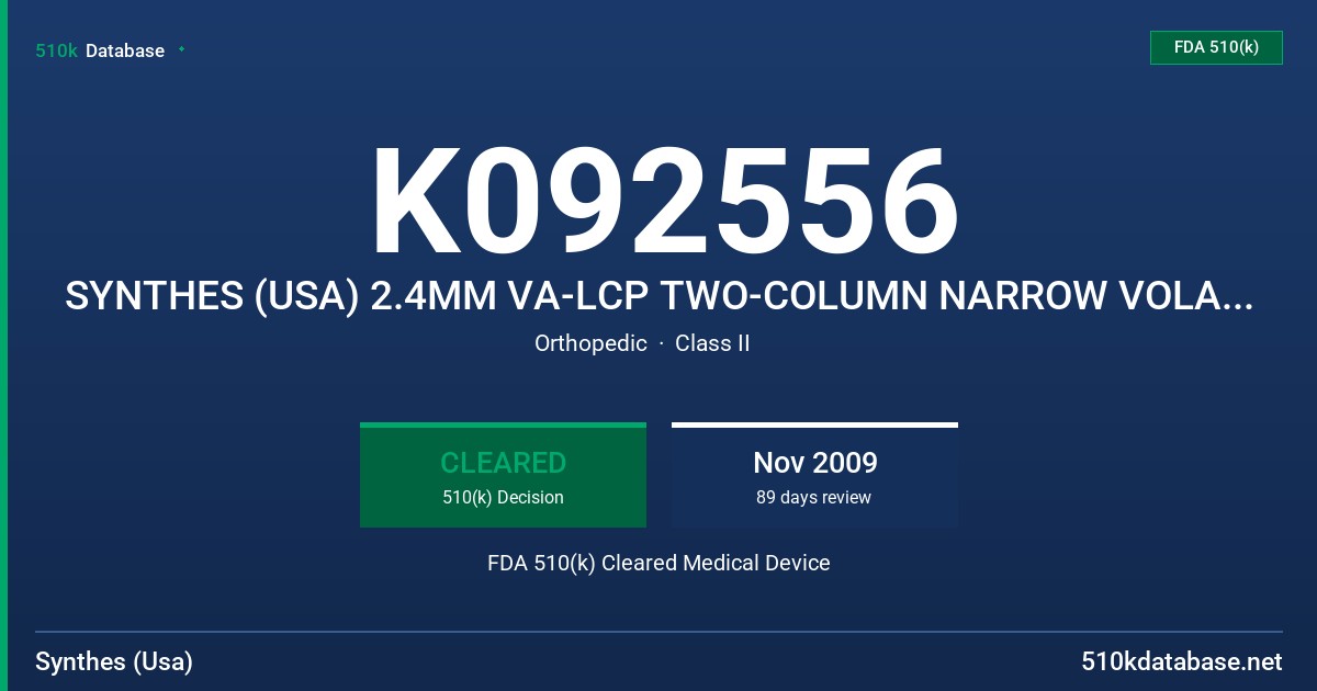 K092556 SYNTHES (USA) 2.4MM VA-LCP TWO-COLUMN NARROW VOLAR DISTAL RADIUS FDA 510(k) Cleared Medical Device