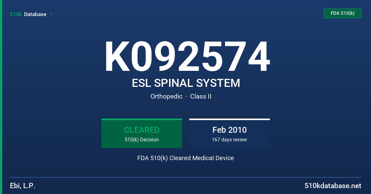 K092574 ESL SPINAL SYSTEM FDA 510(k) Cleared Medical Device