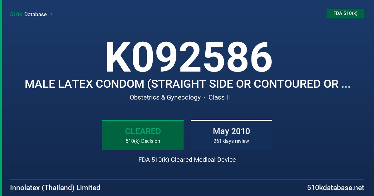 K092586 MALE LATEX CONDOM (STRAIGHT SIDE OR CONTOURED OR FLARED IN SHAPE, EITHER TEXTURED OR NON-TEXTURED , LUBRICATED OR NON-LU FDA 510(k) Cleared Medical Device