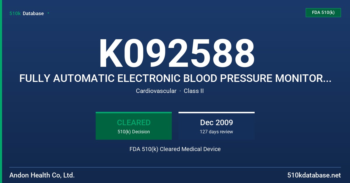 K092588 FULLY AUTOMATIC ELECTRONIC BLOOD PRESSURE MONITOR, MODEL KD-5910,KD-5911, KD-5918 FDA 510(k) Cleared Medical Device