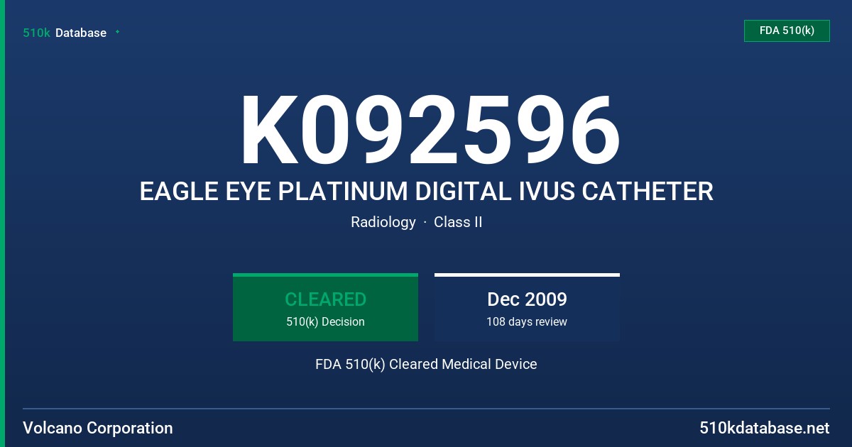K092596 EAGLE EYE PLATINUM DIGITAL IVUS CATHETER FDA 510(k) Cleared Medical Device