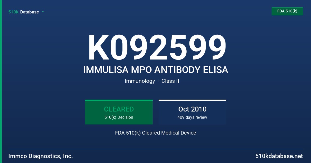 K092599 IMMULISA MPO ANTIBODY ELISA FDA 510(k) Cleared Medical Device