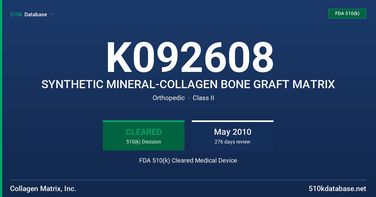 K092608 SYNTHETIC MINERAL-COLLAGEN BONE GRAFT MATRIX FDA 510(k) Cleared Medical Device