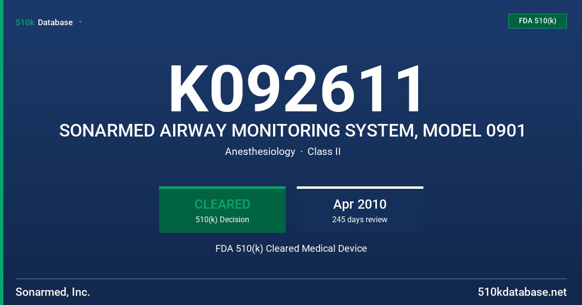 K092611 SONARMED AIRWAY MONITORING SYSTEM, MODEL 0901 FDA 510(k) Cleared Medical Device