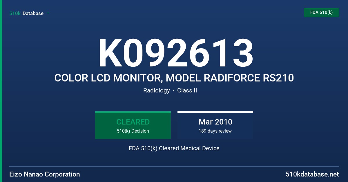 K092613 COLOR LCD MONITOR, MODEL RADIFORCE RS210 FDA 510(k) Cleared Medical Device