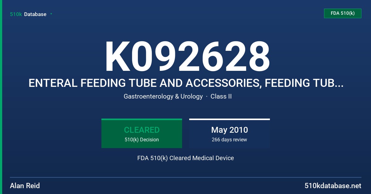 K092628 ENTERAL FEEDING TUBE AND ACCESSORIES, FEEDING TUBE EXTENSION SET FDA 510(k) Cleared Medical Device