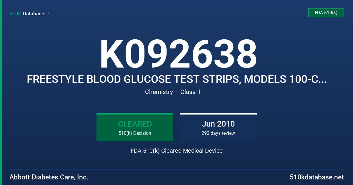 K092638 FREESTYLE BLOOD GLUCOSE TEST STRIPS, MODELS 100-COUNT: 12401-01, 12101-21, 12101-22, 12101-23 FDA 510(k) Cleared Medical Device
