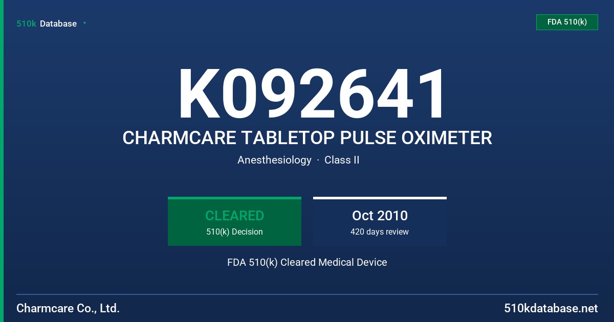 K092641 CHARMCARE TABLETOP PULSE OXIMETER FDA 510(k) Cleared Medical Device