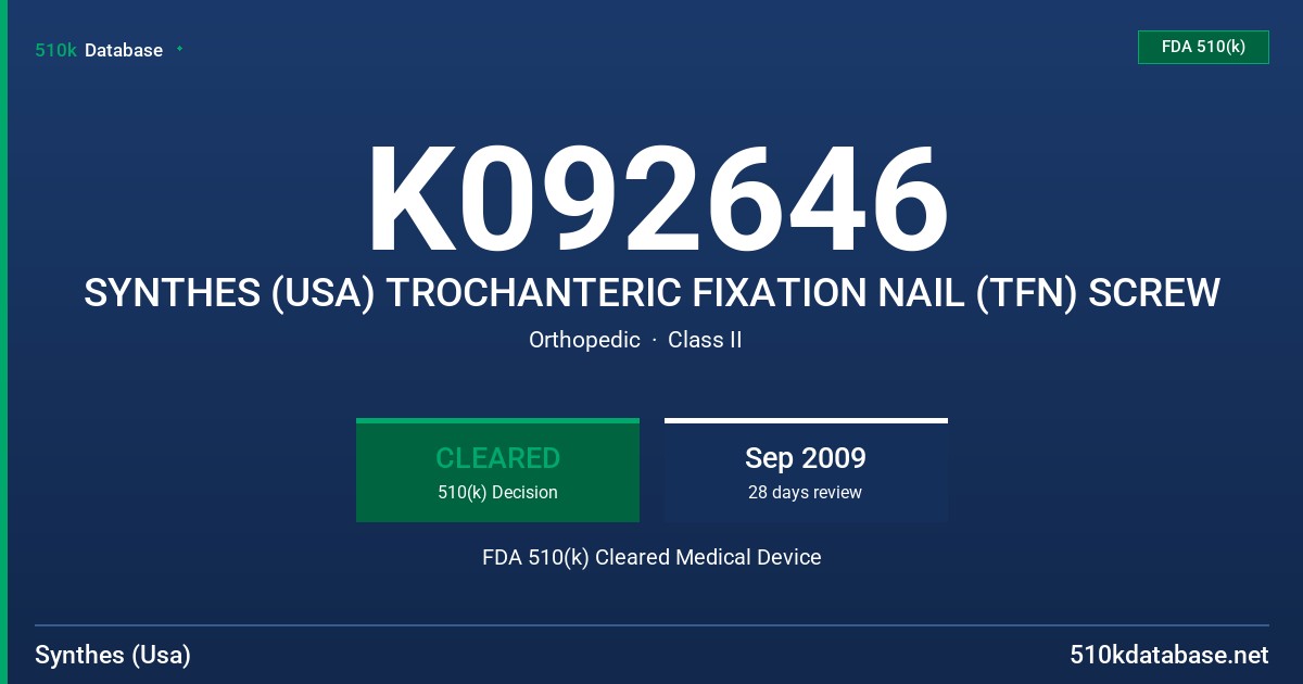 K092646 SYNTHES (USA) TROCHANTERIC FIXATION NAIL (TFN) SCREW FDA 510(k) Cleared Medical Device