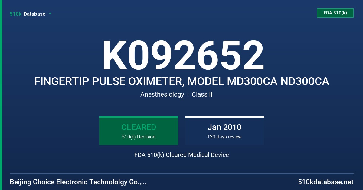 K092652 FINGERTIP PULSE OXIMETER, MODEL MD300CA ND300CA FDA 510(k) Cleared Medical Device
