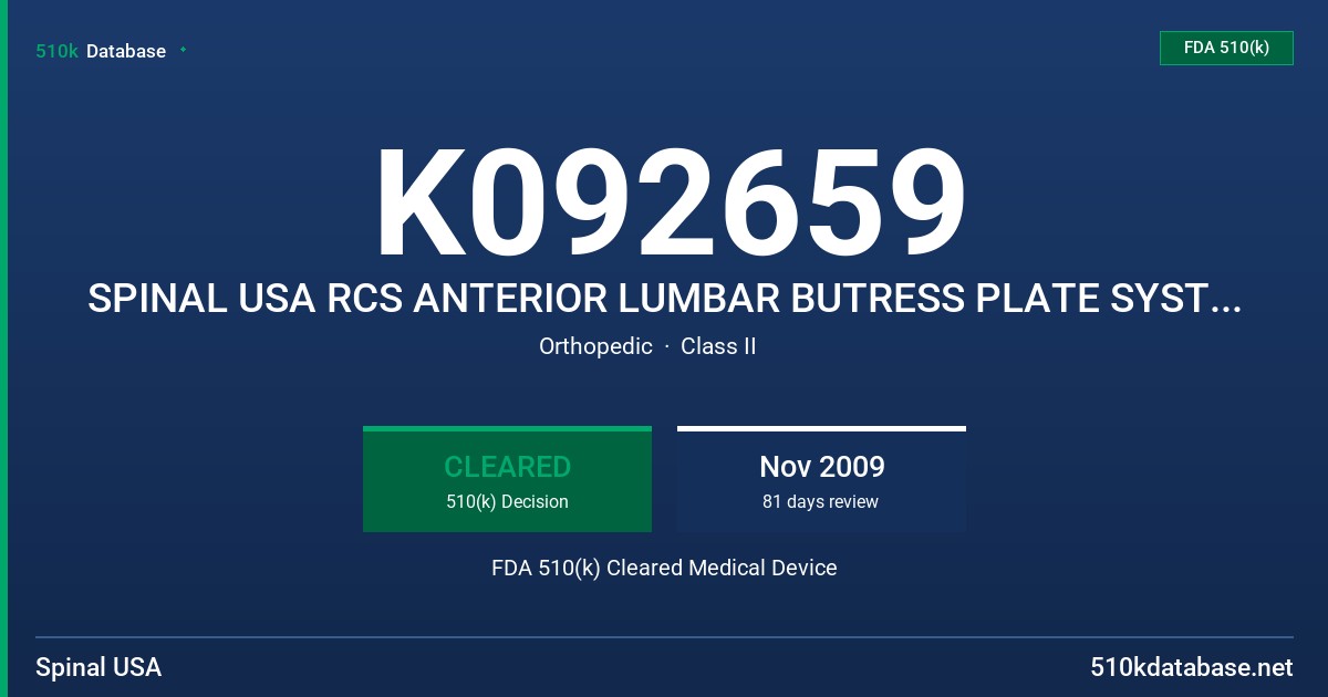 K092659 SPINAL USA RCS ANTERIOR LUMBAR BUTRESS PLATE SYSTEM, MODEL 22-1001-25 FDA 510(k) Cleared Medical Device