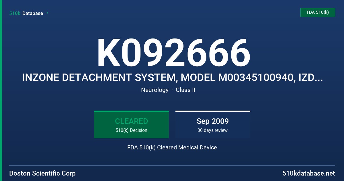 K092666 INZONE DETACHMENT SYSTEM, MODEL M00345100940, IZDS CONNECTING CABLE, MODEL M00345100250 FDA 510(k) Cleared Medical Device