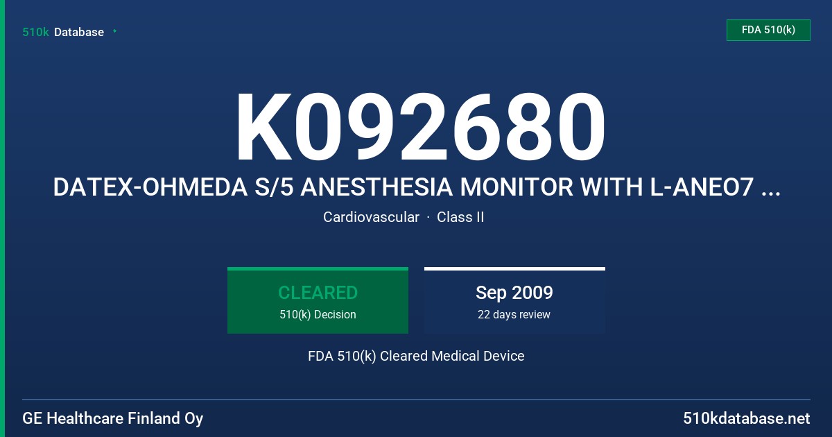 K092680 DATEX-OHMEDA S/5 ANESTHESIA MONITOR WITH L-ANEO7 AND L-ANEO7A SOFTWARE USING F-CU8 OR F-CU5 (P) MONITOR FRAME OPTIONS AN FDA 510(k) Cleared Medical Device