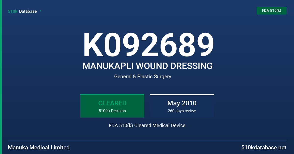 K092689 MANUKAPLI WOUND DRESSING FDA 510(k) Cleared Medical Device