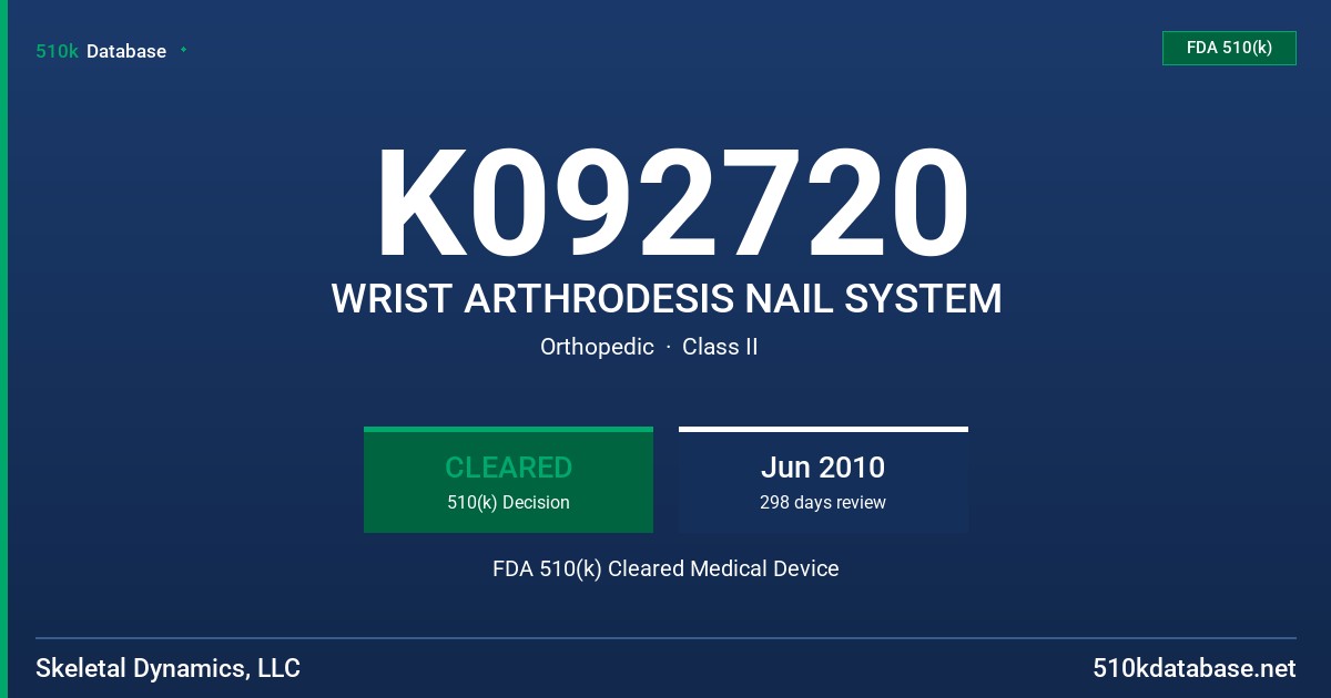 K092720 WRIST ARTHRODESIS NAIL SYSTEM FDA 510(k) Cleared Medical Device