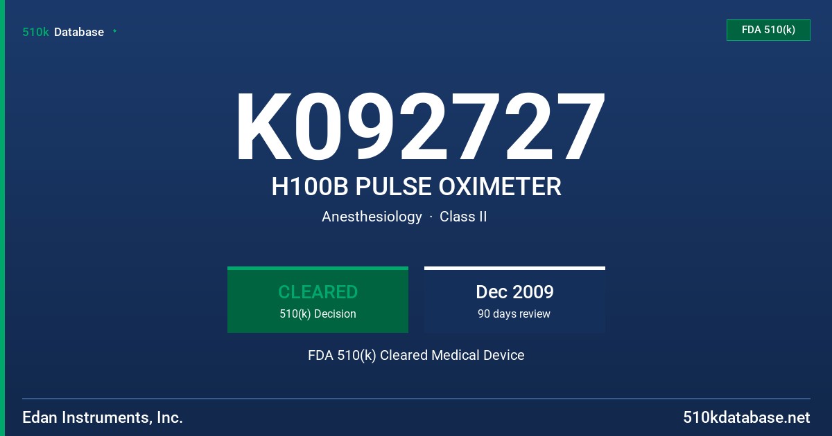 K092727 H100B PULSE OXIMETER FDA 510(k) Cleared Medical Device