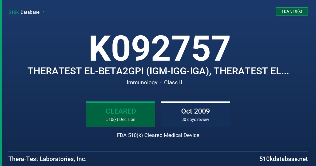 K092757 THERATEST EL-BETA2GPI (IGM-IGG-IGA), THERATEST EL--BETA2GPI SCR FDA 510(k) Cleared Medical Device