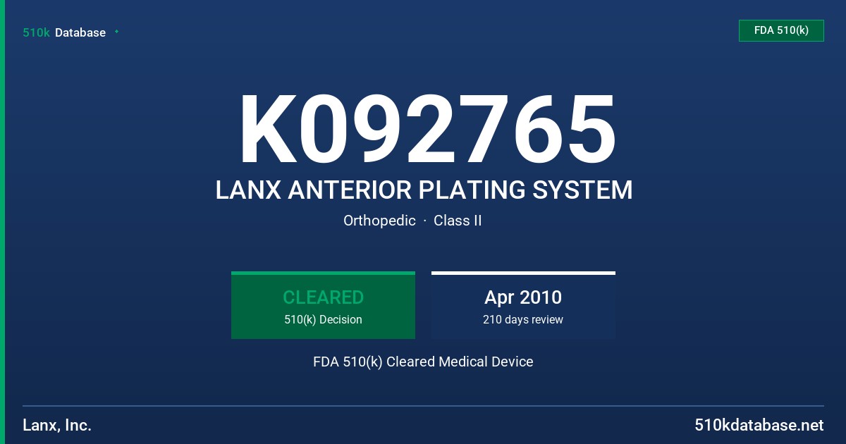 K092765 LANX ANTERIOR PLATING SYSTEM FDA 510(k) Cleared Medical Device