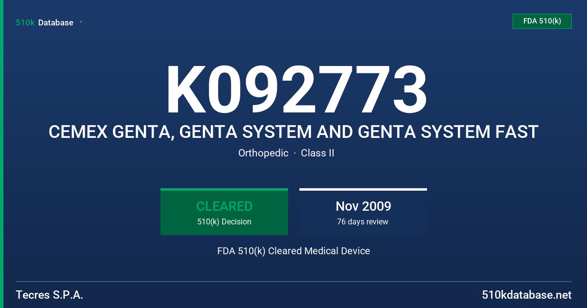 K092773 CEMEX GENTA, GENTA SYSTEM AND GENTA SYSTEM FAST FDA 510(k) Cleared Medical Device