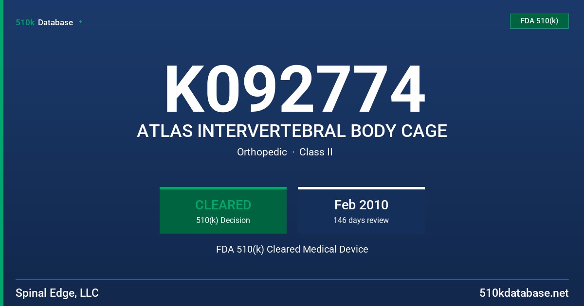 K092774 ATLAS INTERVERTEBRAL BODY CAGE FDA 510(k) Cleared Medical Device