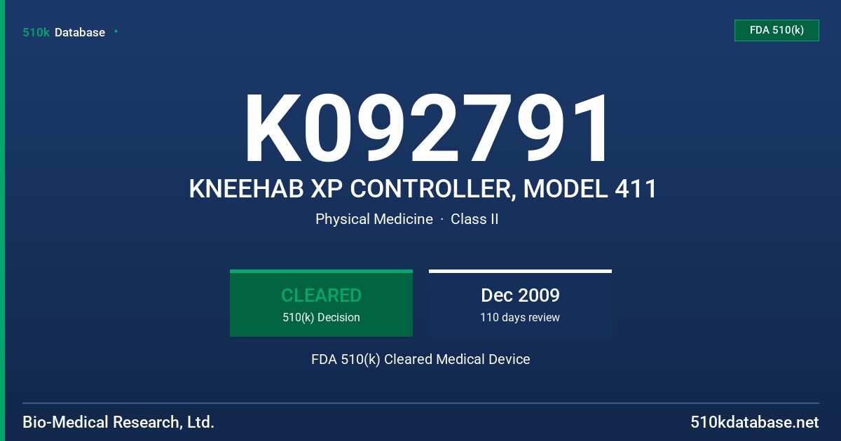 K092791 KNEEHAB XP CONTROLLER, MODEL 411 FDA 510(k) Cleared Medical Device