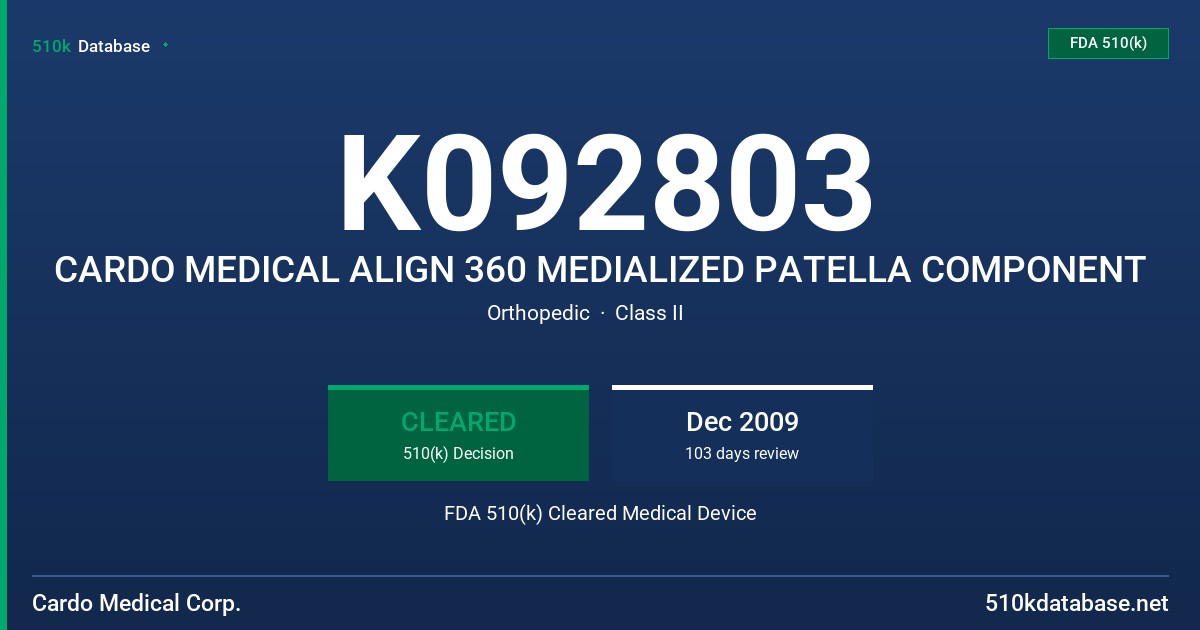 K092803 CARDO MEDICAL ALIGN 360 MEDIALIZED PATELLA COMPONENT FDA 510(k) Cleared Medical Device