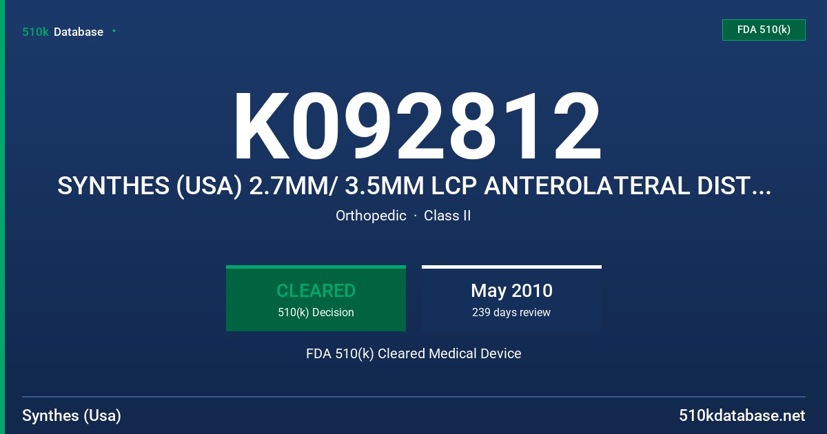K092812 SYNTHES (USA) 2.7MM/ 3.5MM LCP ANTEROLATERAL DISTAL TIBIA PLATES FDA 510(k) Cleared Medical Device