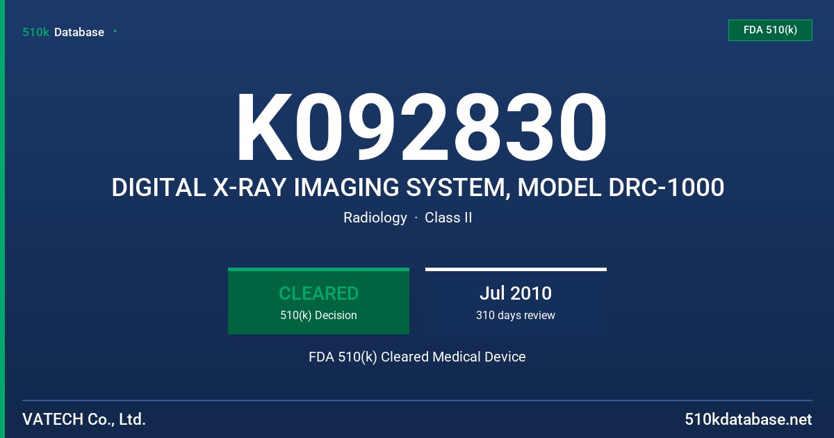 K092830 DIGITAL X-RAY IMAGING SYSTEM, MODEL DRC-1000 FDA 510(k) Cleared Medical Device